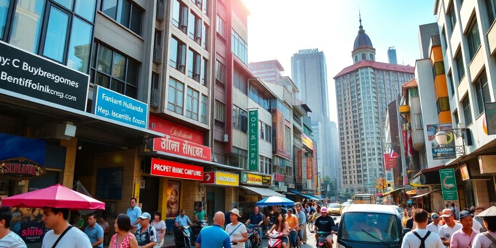 Bangkok street scene with modern and traditional elements.