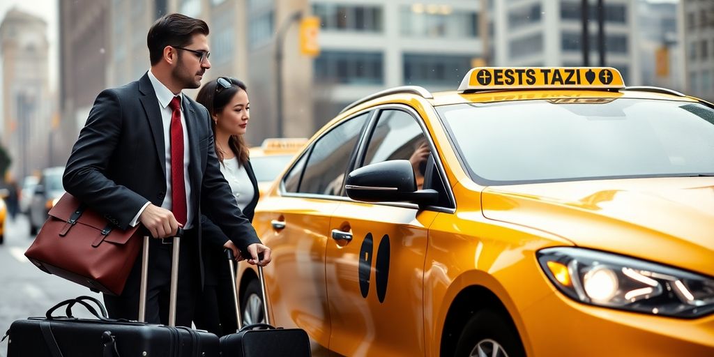 Business traveler with luggage and taxi in rainy weather.
