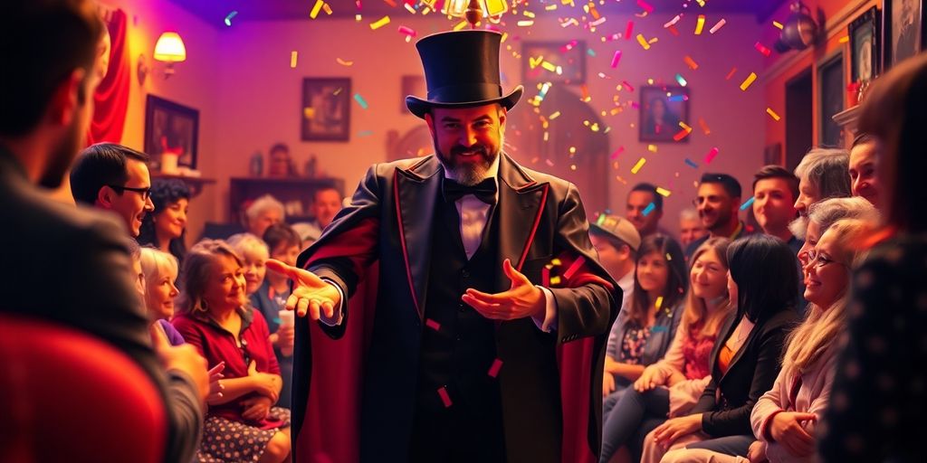 Magician performing with engaging audience in community setting.