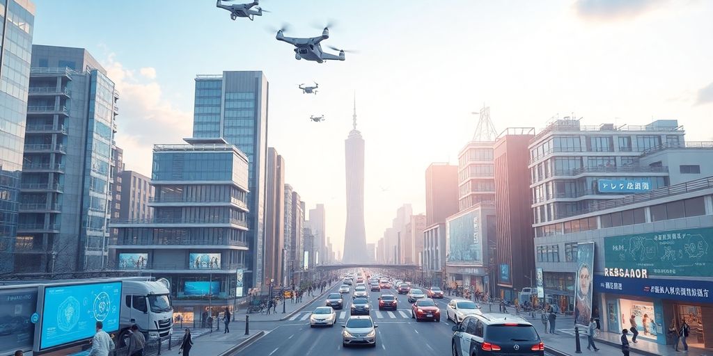 Futuristic city with AI technology and digital interactions.