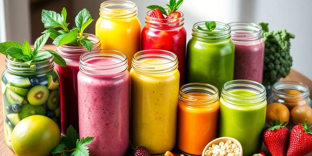Colorful smoothies in jars with fresh fruits and greens.