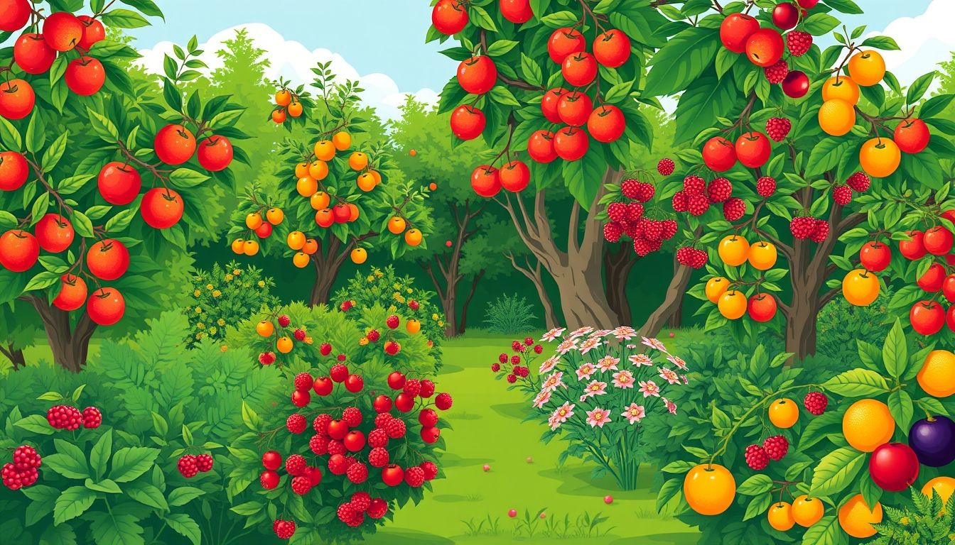 Lush garden with fruit trees and shrubs