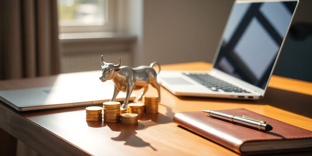 Student desk with bull figurine, golden coins, laptop, notebook, pen