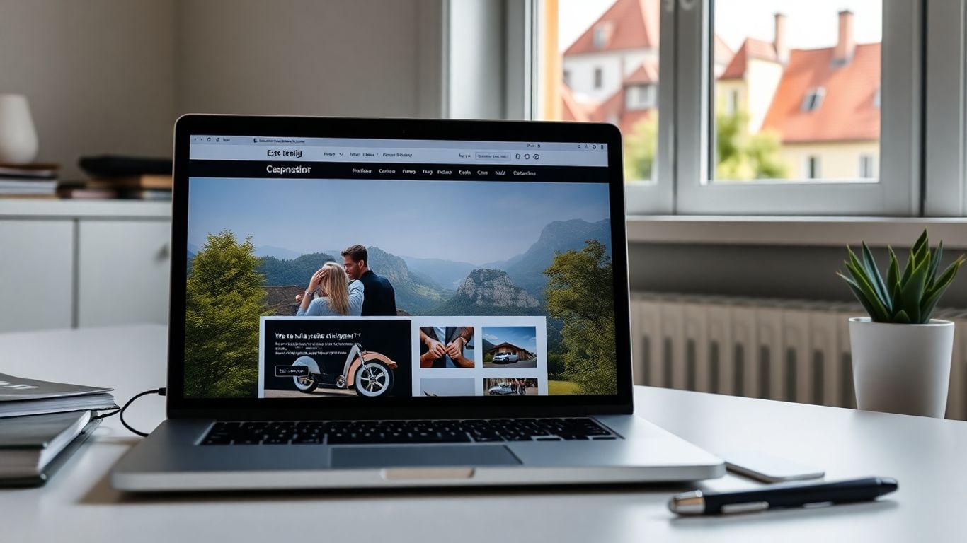 Notebook na stole v kanceláři s pohledem na město