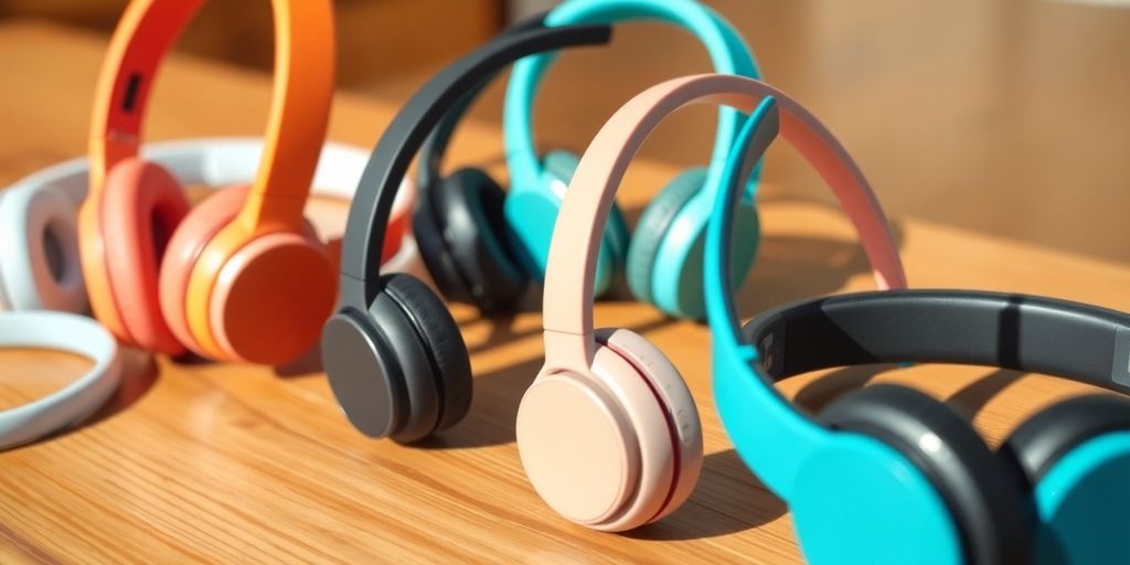 Verschiedene günstige Bluetooth Kopfhörer in bunten Farben.