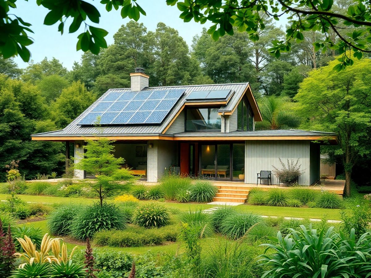 Casa ecologică cu panouri solare și vegetație abundentă.