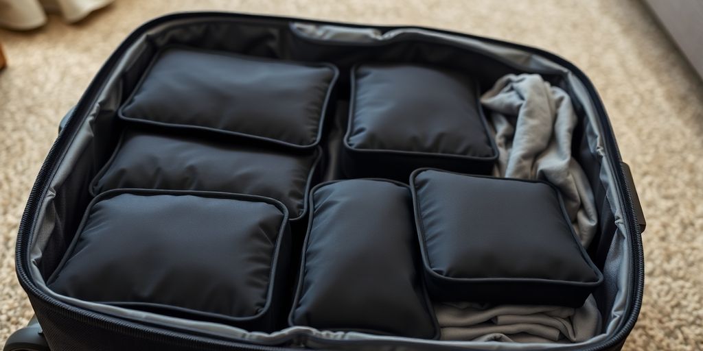 Well-packed suitcase and compression packing cubes.