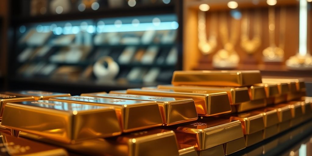 Barres d'or empilées dans un magasin de bijoux.