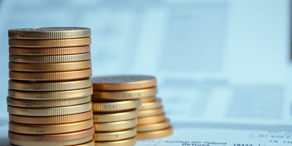Australian dollar coins stacked high with subtle tax document background.