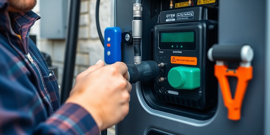 Electrician wiring a 240-volt EV charging station.