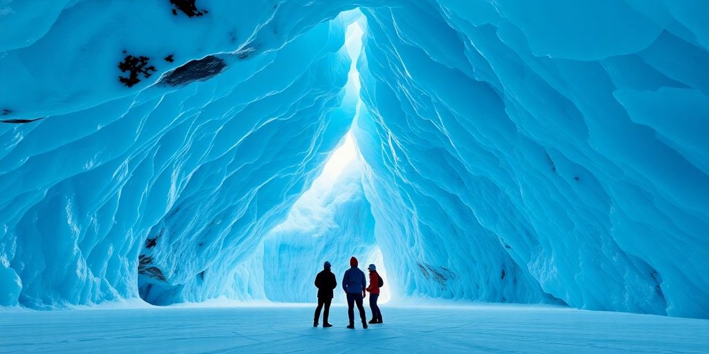 Explorers standing inside a vast, glowing blue Alaskan ice cave.