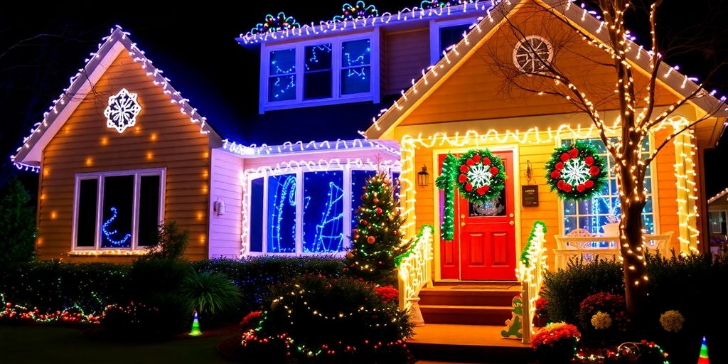 Permanent Christmas lights illuminating a Wildwood home.