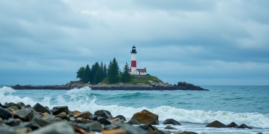 Rugged coast, lighthouse, rocky beach, crashing waves, evergreen trees.