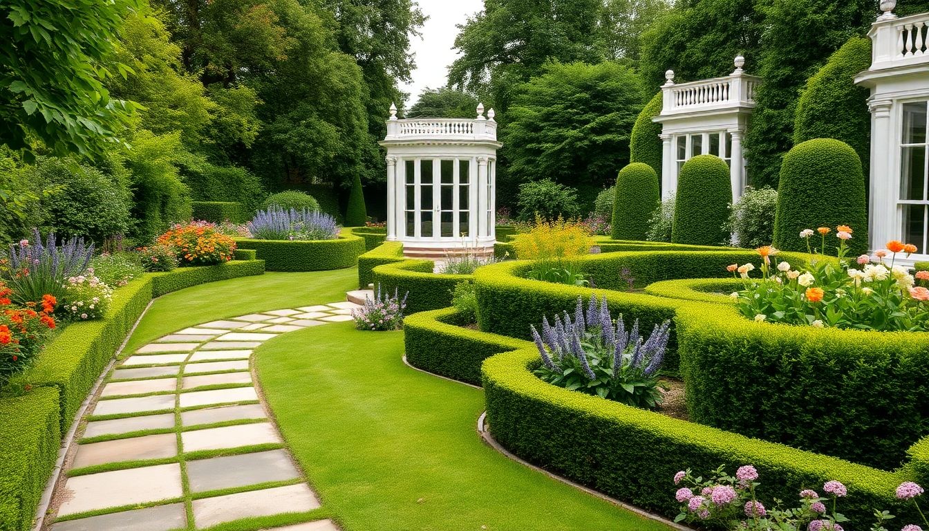 Lush garden landscape with flowers and pathways in London.