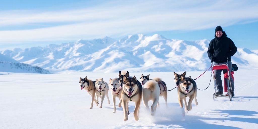 A team of huskies pulls a sled through snowy mountains.