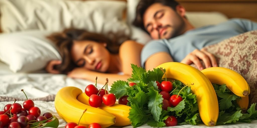 Couple sleeping peacefully surrounded by fresh fruits and vegetables.