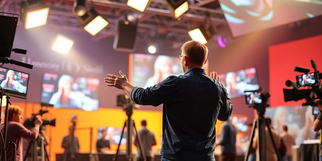A person overseeing a video shoot on a set.