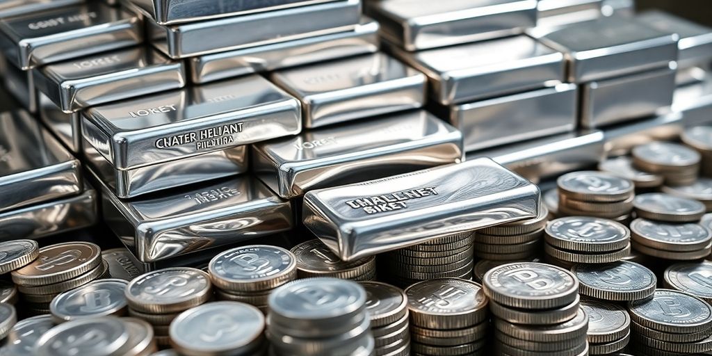 Lingots d'argent brillant et pièces d'argent empilées.