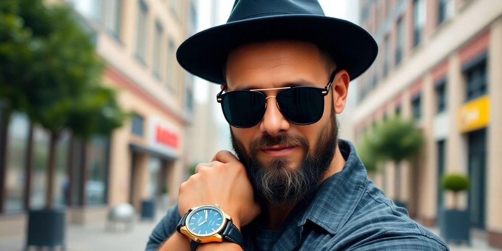 Fashion-forward dad in trendy accessories outdoors.