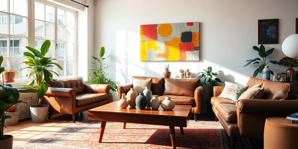 Eclectic room with unique furniture and art.