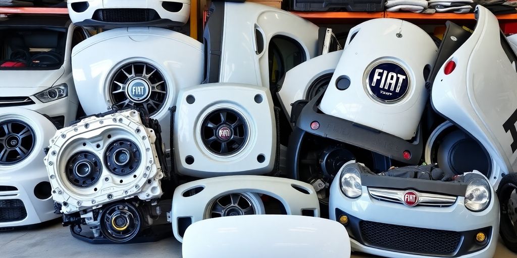 Fiat car parts stacked neatly.