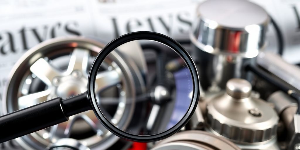 Magnifying glass over car parts, financial newspaper background.