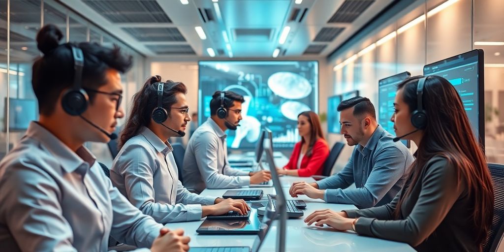 Futuristic office with employees using automated customer support technology.