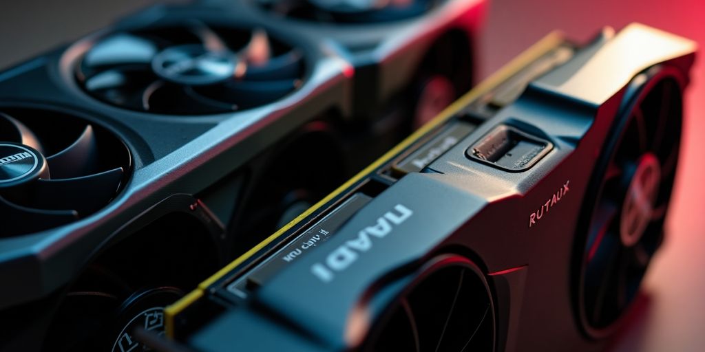 Nahaufnahme von Nvidia und AMD Grafikkarten.