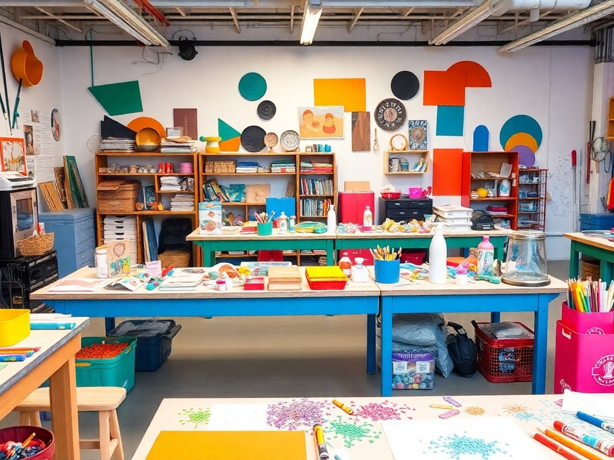Colorful workshop materials and tools in a creative space.