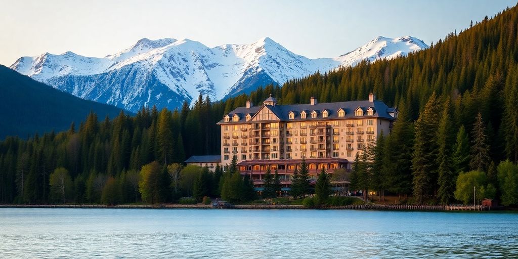 A modern hotel building set against snow-capped Alaskan mountains.