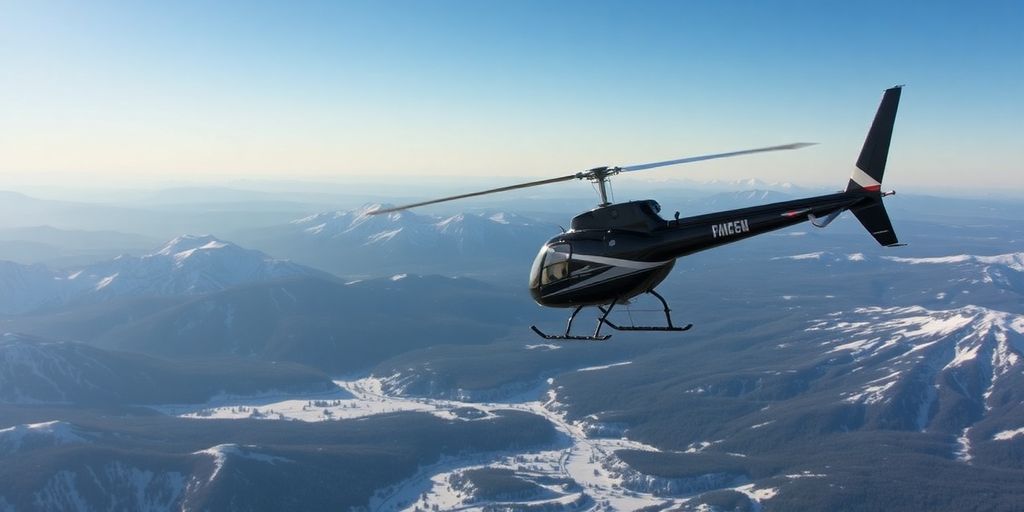 A helicopter flies low over a snowy Alaskan mountain range.