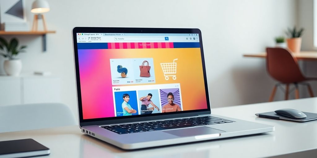 Laptop displaying e-commerce store with shopping cart.