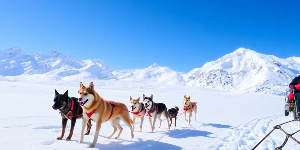 A team of husky dogs pulling a sled across a snowy Juneau glacier.