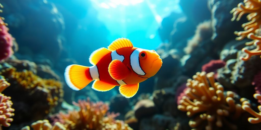 Clownfish swimming in coral.