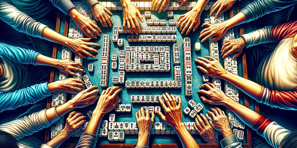 Mahjong game in progress with hands drawing tiles