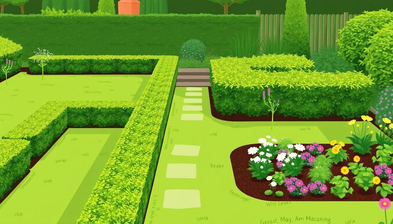 Tidy garden with trimmed hedges and clear pathways.