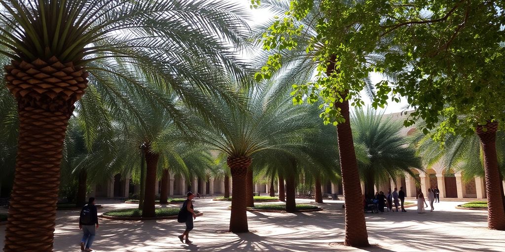 Lush palm trees and pathways in Al Ain Oasis.