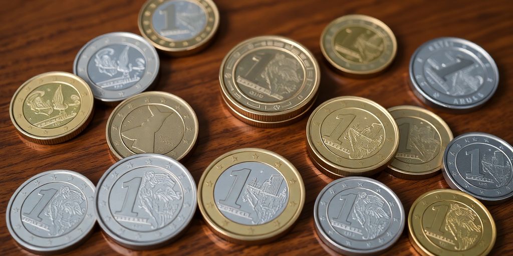 Collection de pièces commémoratives en Euro sur une surface en bois.