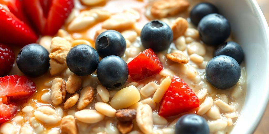 Steel cut oats bowl with berries and nuts.