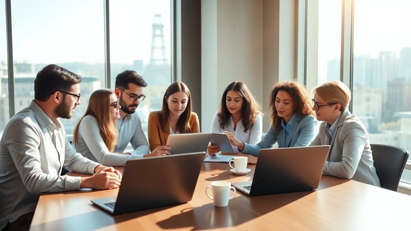 Business team collaborating at a modern office table.