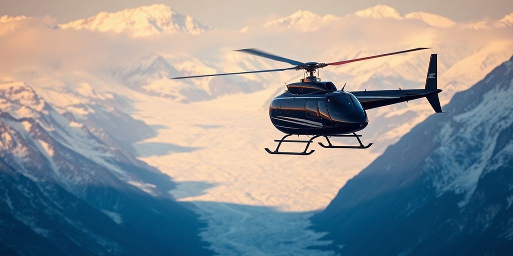 An MD 500E helicopter flying over snowy Alaskan mountains.