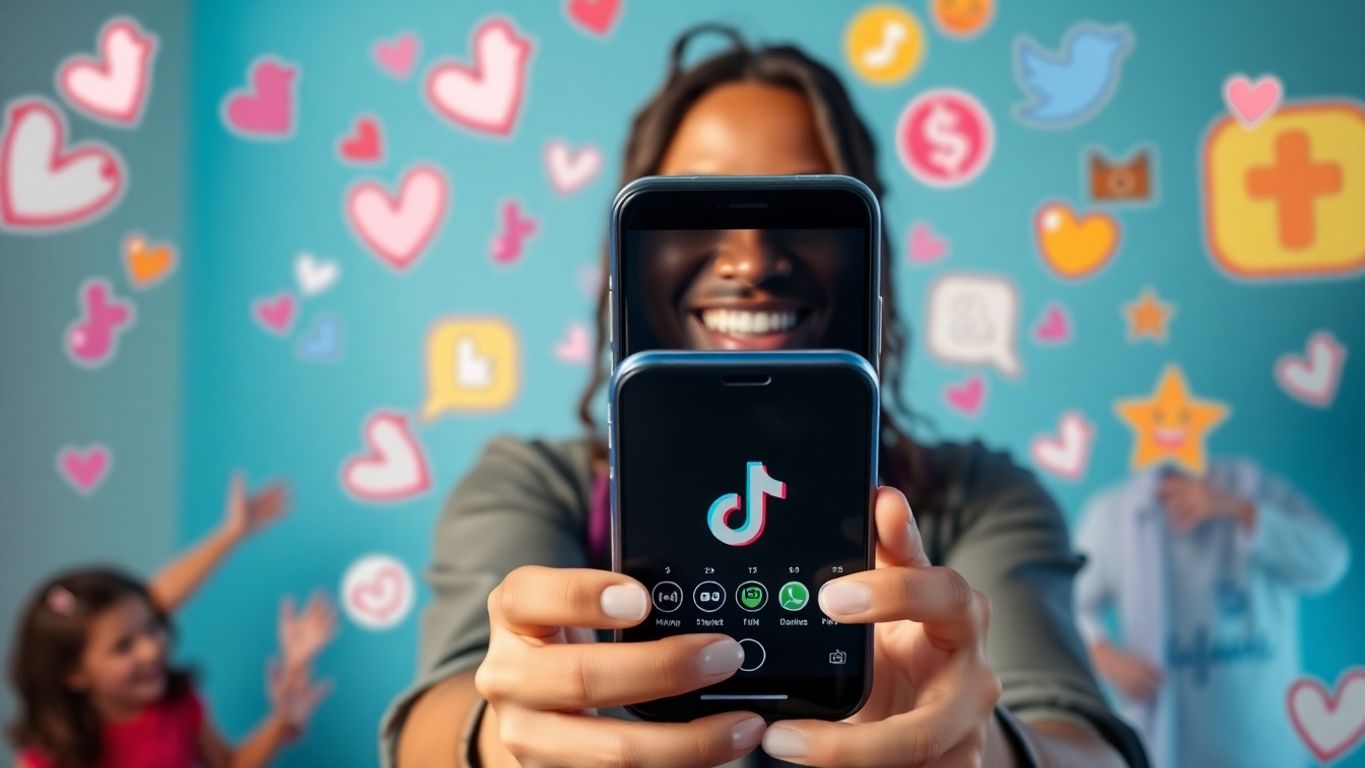 TikTok creator with smartphone and animated like icons.