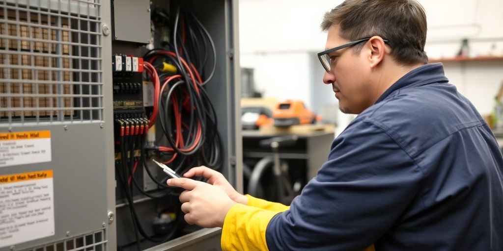 Technician inspecting electrical components of a welding machine.