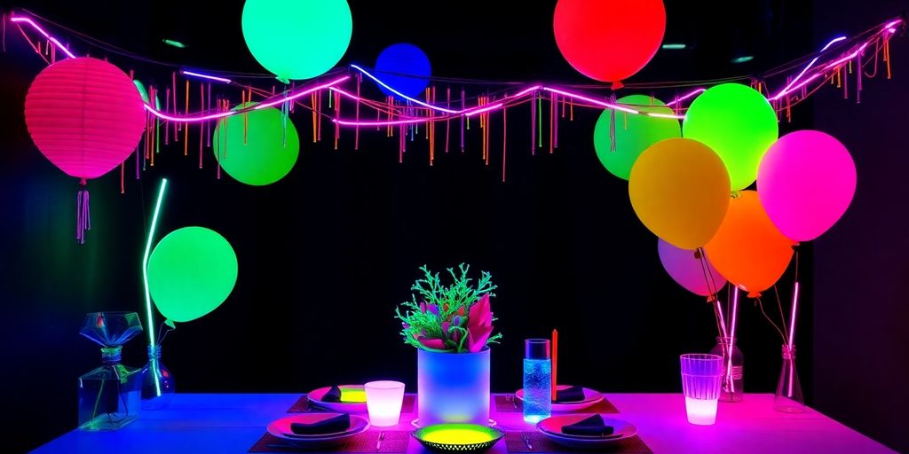 Glow in the dark decorations at a lively party.