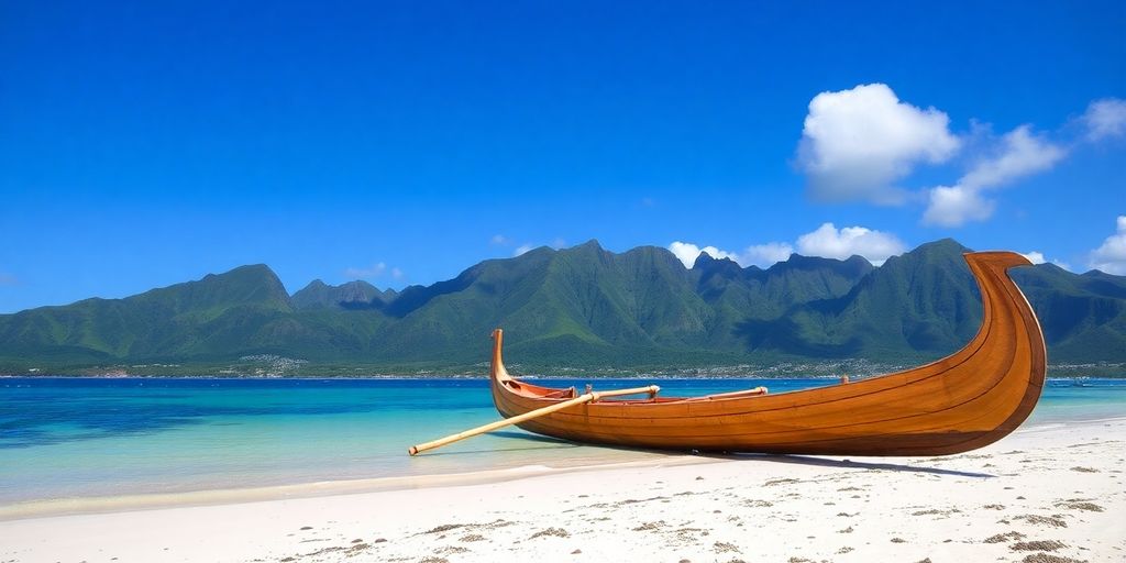Traditional Marquesan canoe on a beach
