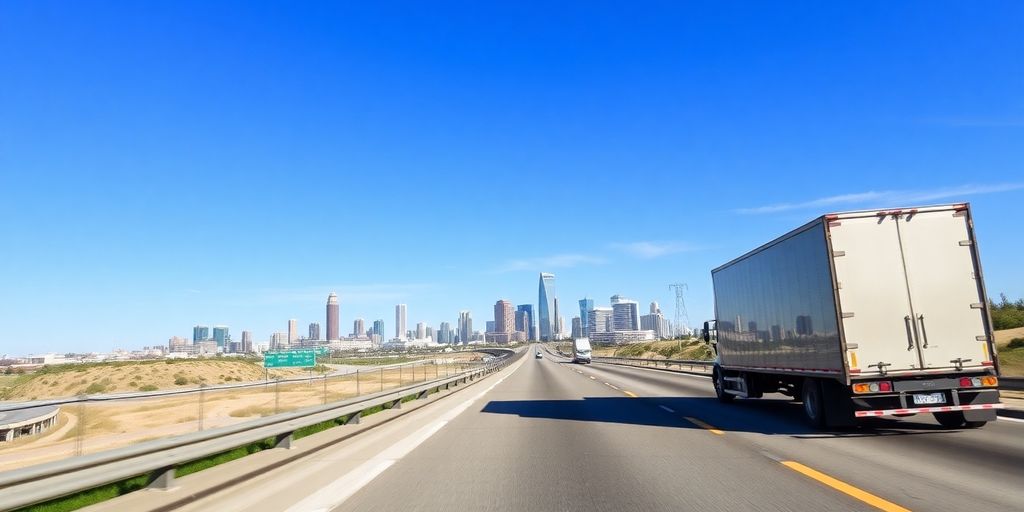 Truck driving on a highway through urban landscapes.