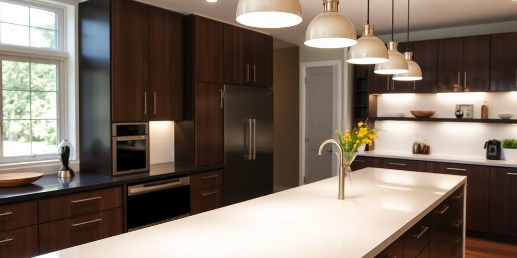 Kitchen island pendant lights illuminate a modern space.