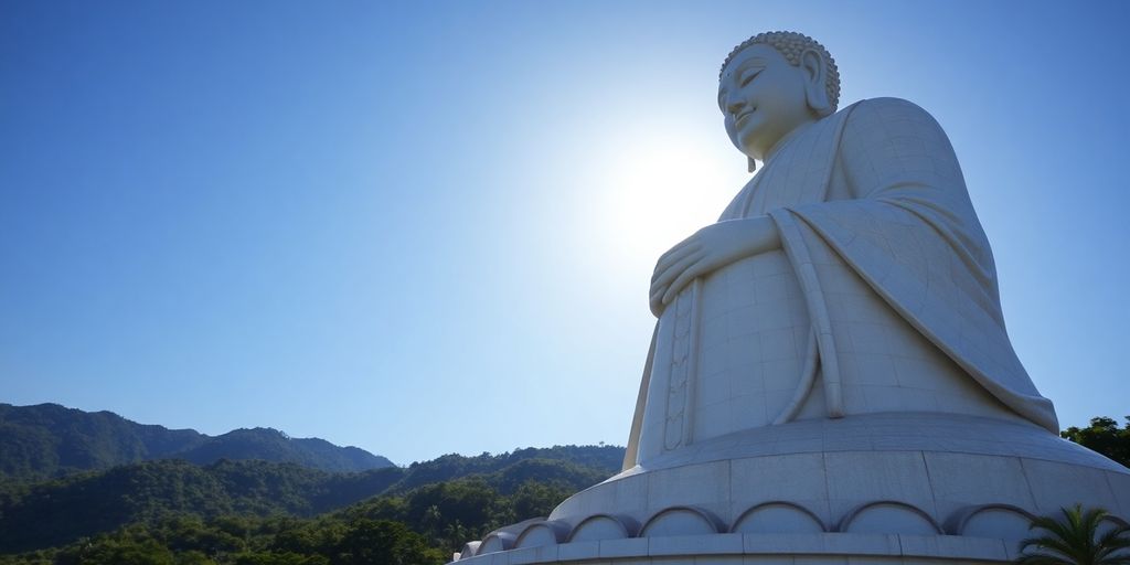 Giant white Buddha statue overlooking green Phuket hills.