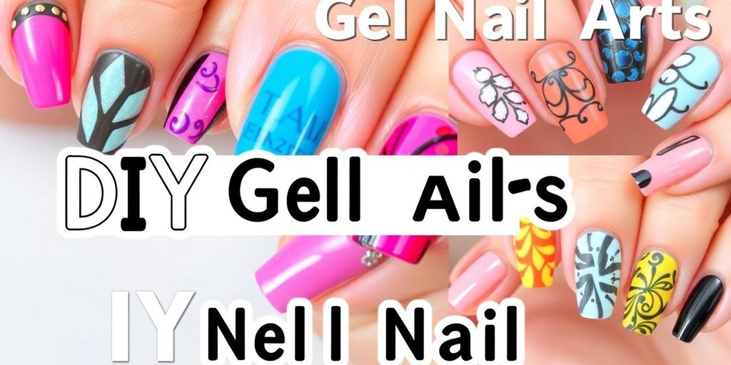 Unhas em gel decoradas com cores e padrões variados.