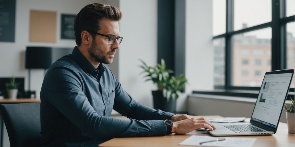 Person researching company on laptop